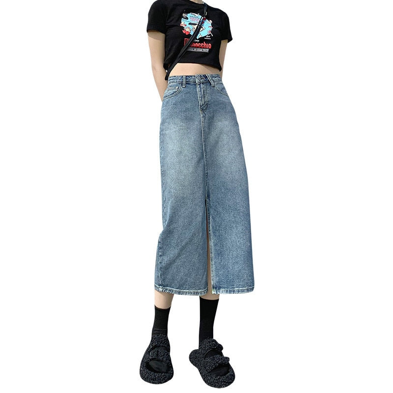 Women spring and summer high waist Split denim skirt.