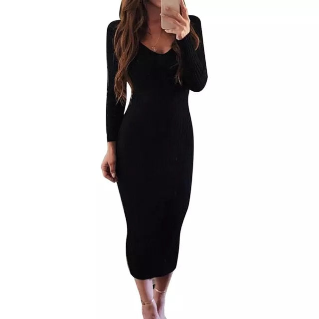 Women Sexy Casual, Long Sleeve, V Neck, Backless, Ribbed, Slim Knitted Dress