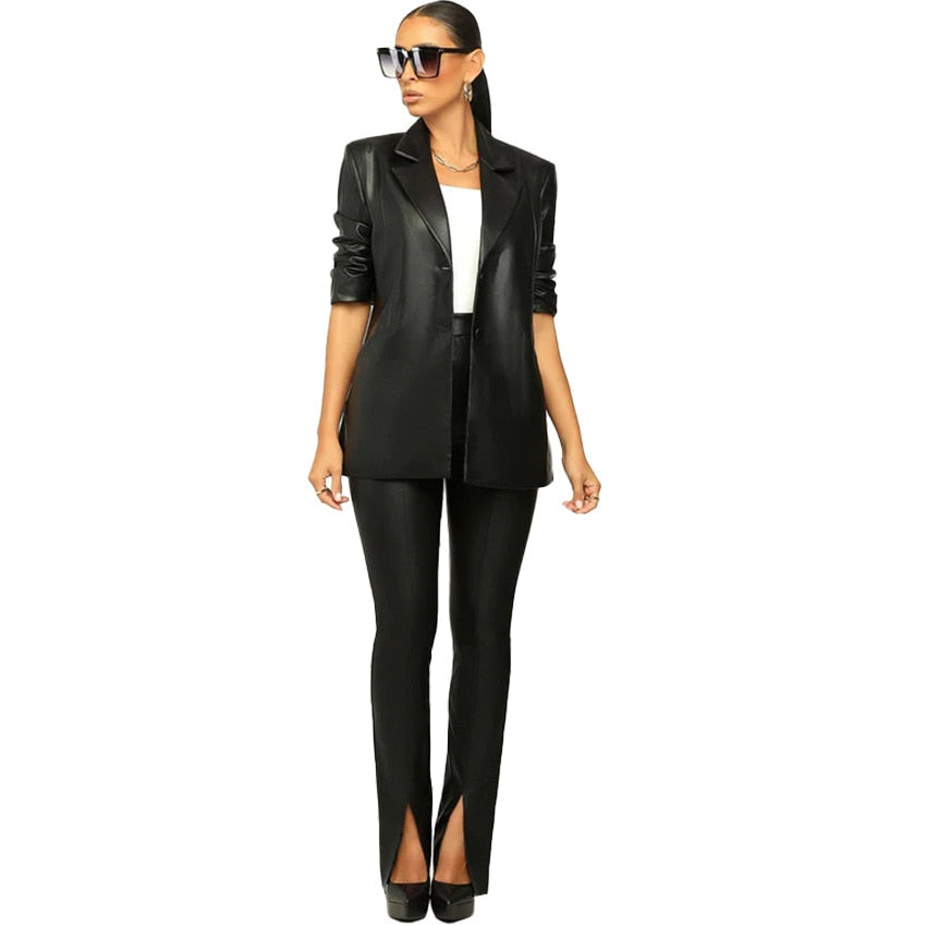 Women Casual, 2 Piece, Slim, PU Leather, Notch Neck Blazer, High Waist Pant Suit.