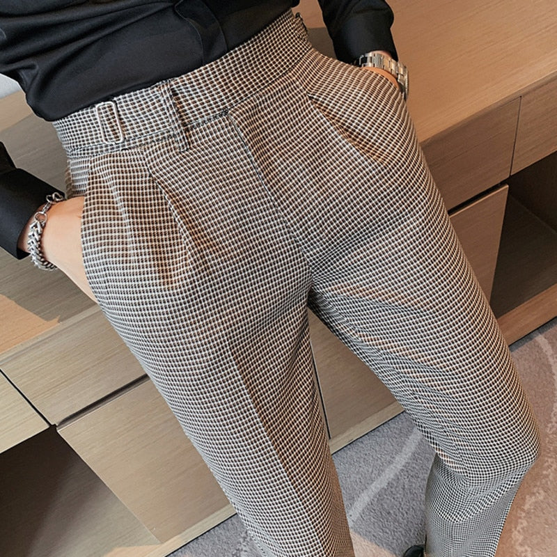 Men British Casual Dress Pant, Thousand Bird Grid, High Waist, Straight Pants Fashion Men Trousers Formal Track Pants Mens Clothing