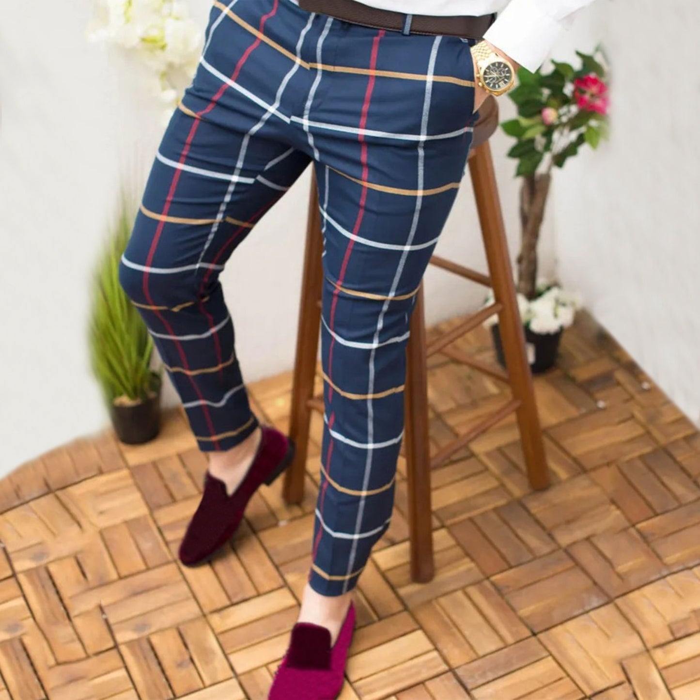 Men Casual Fashion Plaid Print Slim Fit Trousers Male