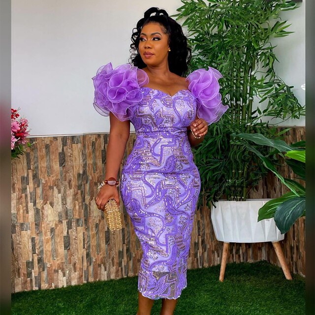 Women Purple Print Flower, Short Sleeve, Midi Floral African Gowns/Evening Cocktail Event.