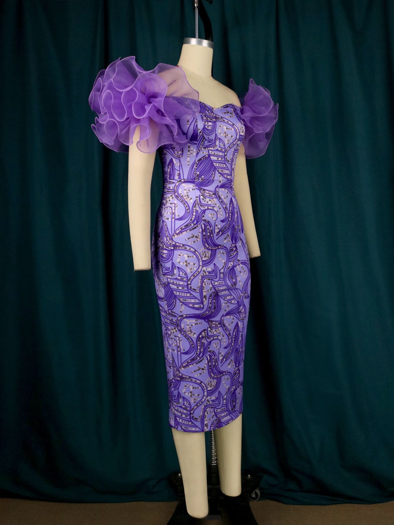 Women Purple Print Flower, Short Sleeve, Midi Floral African Gowns/Evening Cocktail Event.