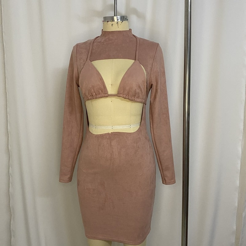 Women Spring and Autumn two-piece Suede Strapless Dress.