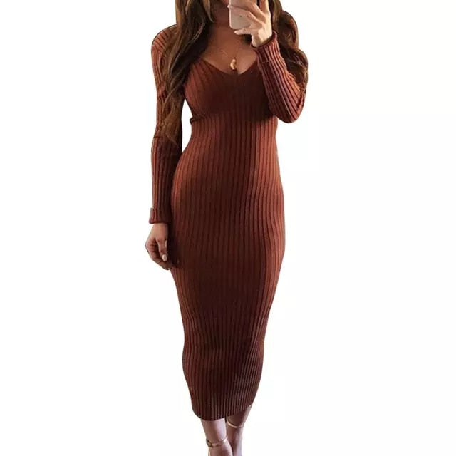 Women Sexy Casual, Long Sleeve, V Neck, Backless, Ribbed, Slim Knitted Dress