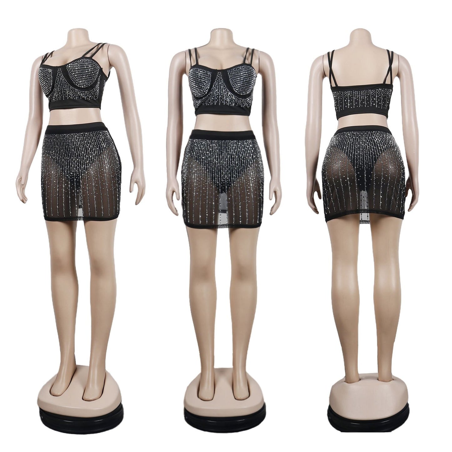 Women Sexy Diamonds Sheer Mesh Two Piece Mini Skirt/Cami Bra Set.