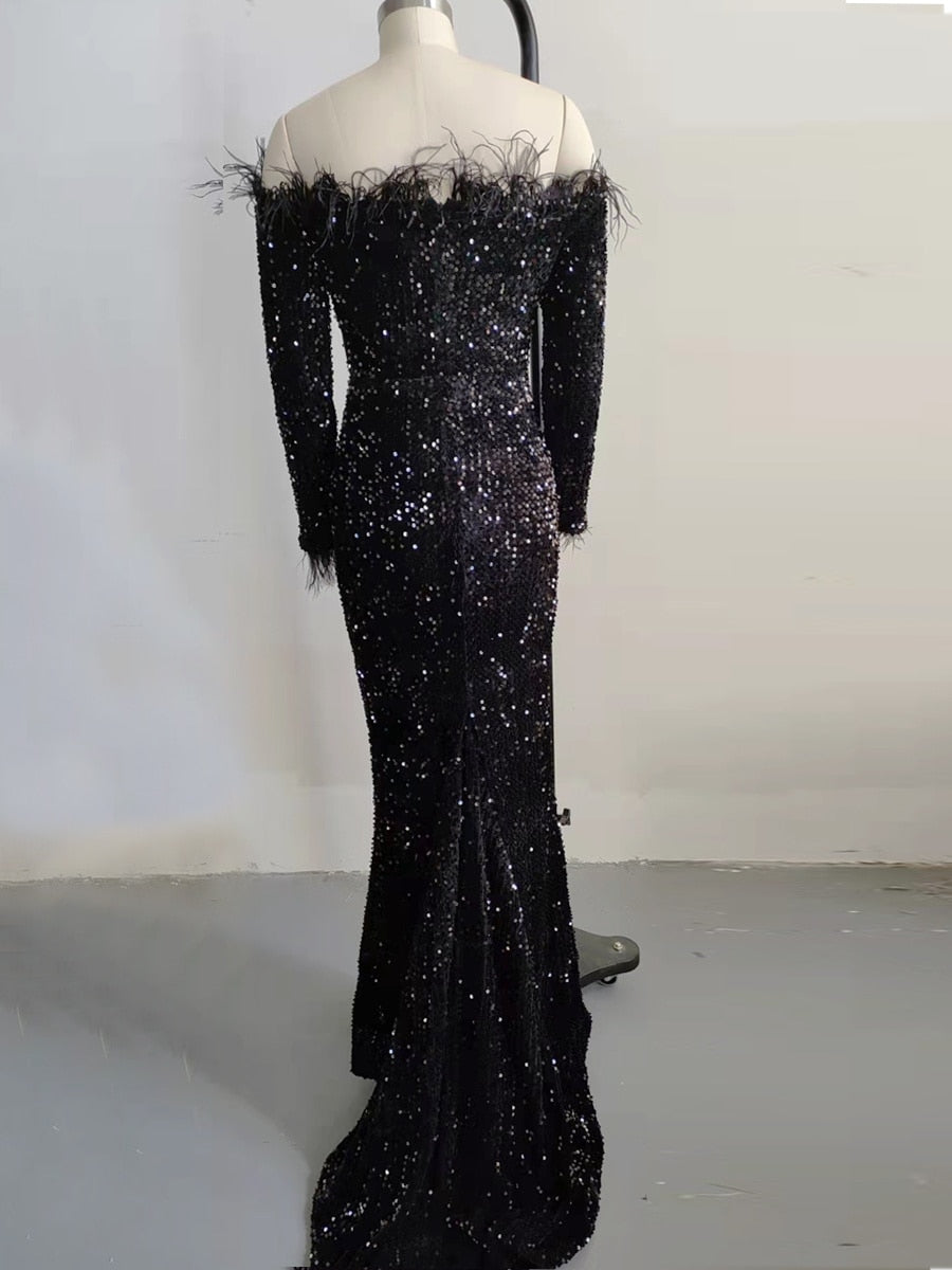 Women Sexy, Off Shoulder, Feather Long Sleeve, Sequin, Floor Length, Evening Party, Reflective Dress.