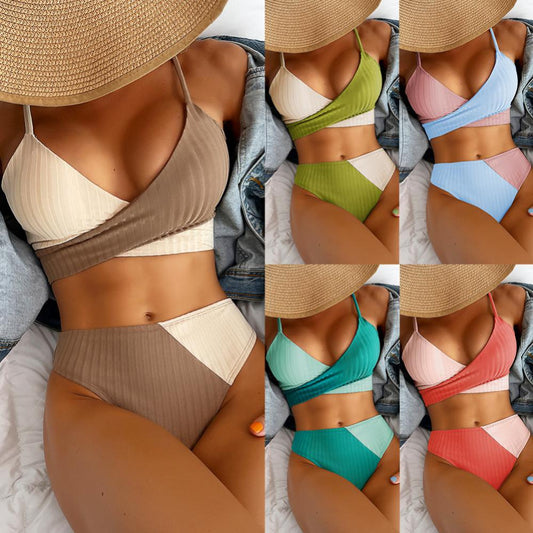 Fashion Women Sexy Bikinis Cross Straps Color Matching Swimwear.