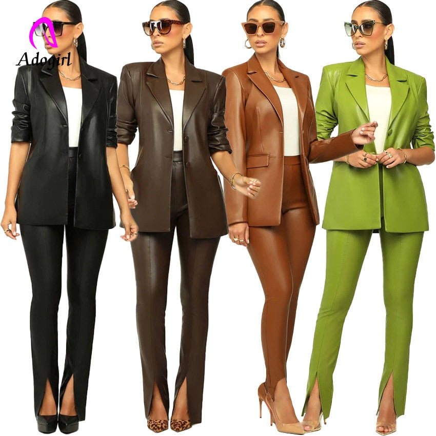 Women Casual, 2 Piece, Slim, PU Leather, Notch Neck Blazer, High Waist Pant Suit.