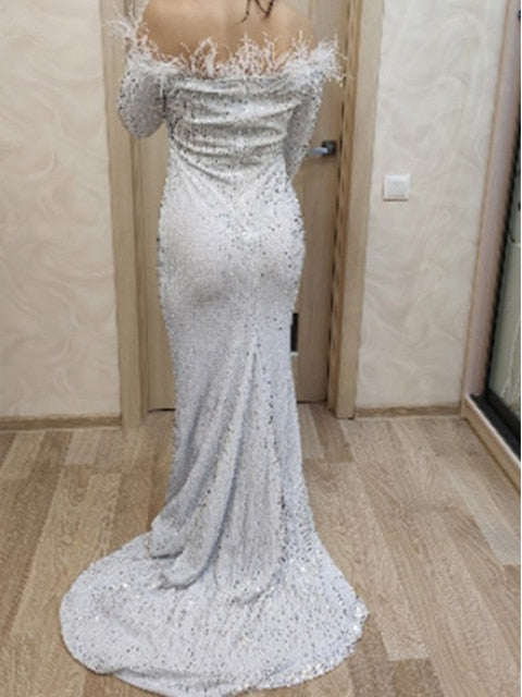 Women Sexy, Off Shoulder, Feather Long Sleeve, Sequin, Floor Length, Evening Party, Reflective Dress.