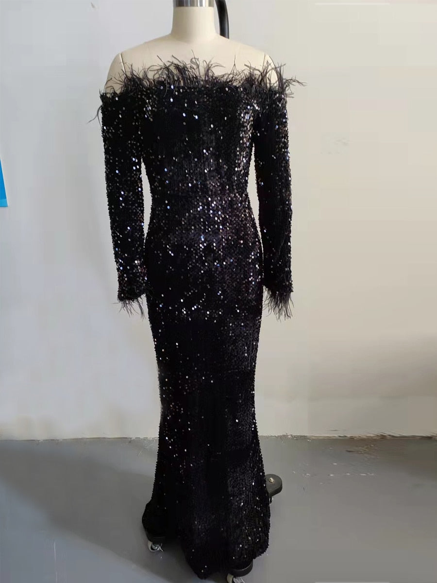 Women Sexy, Off Shoulder, Feather Long Sleeve, Sequin, Floor Length, Evening Party, Reflective Dress.